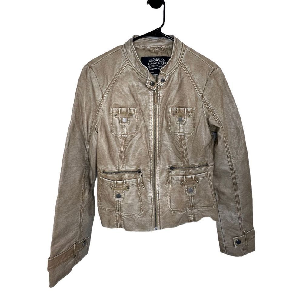 Blanc Noir Tan Faux Leather Zip Up Collared Jacket